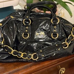 Coach Kristin Patent Leather Pleated Satchel Black Gold Chain Style 12948